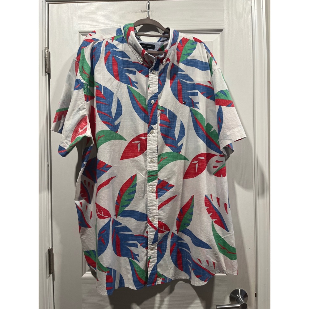 Tommy Hilfiger Mens 4XL Tropical Leaf Print Button Down Shirt Short Sleeve White